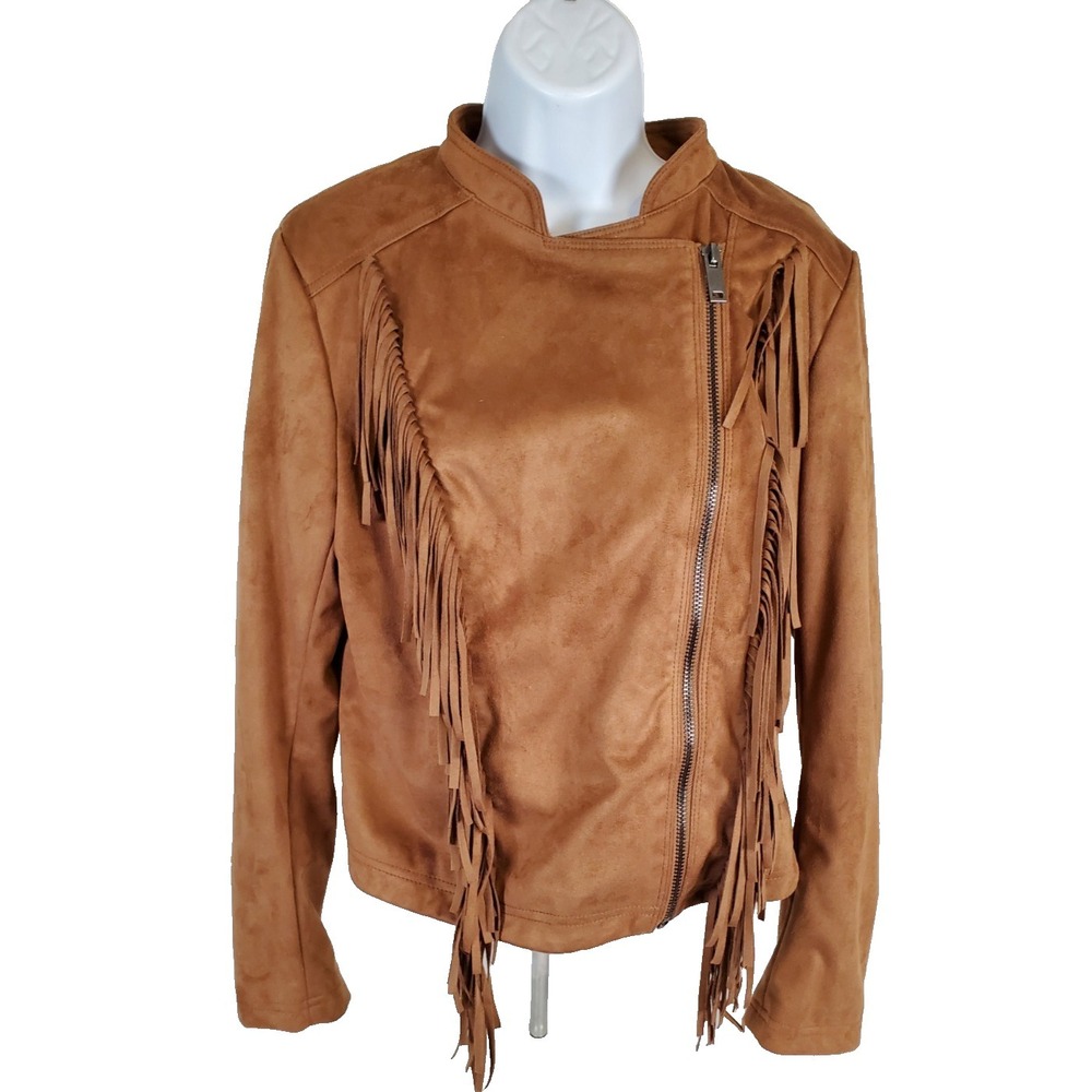 BLACK‎ RIVET GIII Women Large Faux Leather Suede Fringe Brown Western Jacket